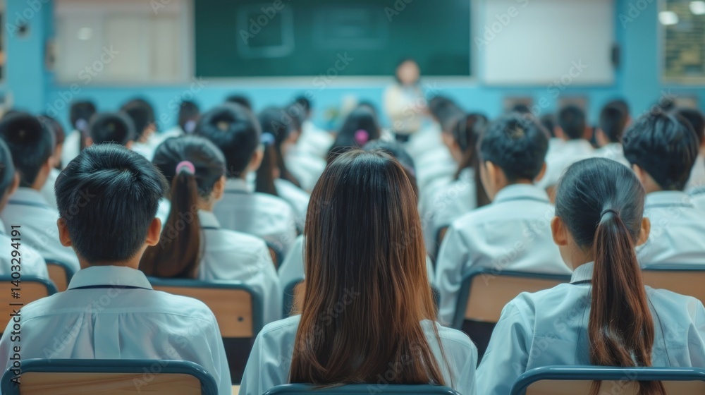 Back view a classroom with many students are sitting in chairs Back view a classroom with many students are sitting in chairs