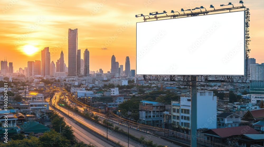 Fototapeta premium Blank white road billboard with Bangkok cityscape background at sunset. Street advertising poster, mock up, 3D rendering. Side view. The concept of marketing communication to.