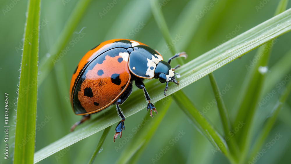 Fototapeta premium Orange Ladybug On A Blade Of Green Grass In A Meadow
