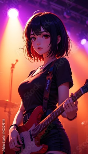 Asian Woman Playing Electric Guitar – AI Generated Illustration