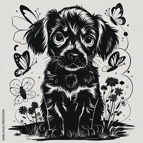 Whimsical Puppy Surrounded by Butterflies and Flowers