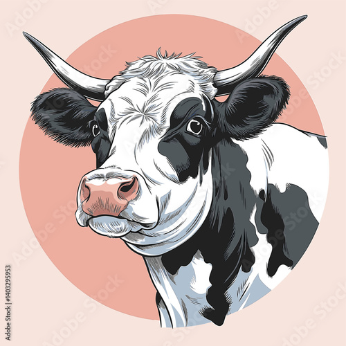 Intricate Illustration of a Cows Face on Peach Background