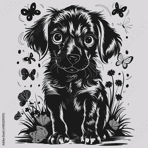 Whimsical Puppy Surrounded by Butterflies and Flowers
