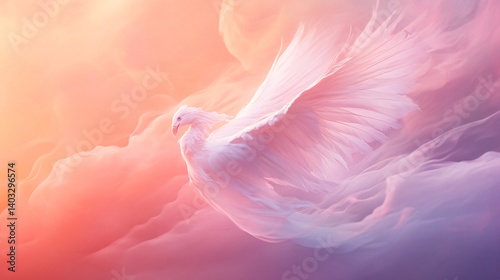 White dove soaring sunset cloudscape, spiritual peace