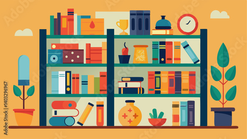 A set of floortoceiling bookshelves filled with a mix of vintage and modern knickknacks and books.
