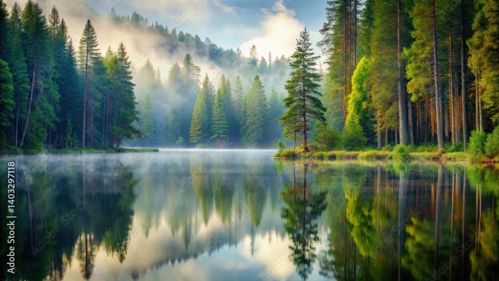 Serene misty forest with tall trees and a calm lake in the background, mist, trees, mist, trees, nature views Serene misty forest with tall trees and a calm lake in the background, mist, trees, mist, trees, nature views