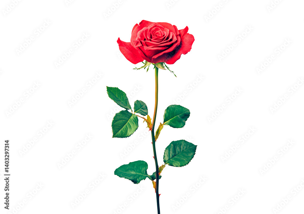 Red rose with lush green leaves isolated on transparent background Red rose with lush green leaves isolated on transparent background