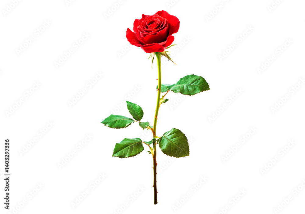 Vibrant red rose with lush green leaves isolated on transparent background Vibrant red rose with lush green leaves isolated on transparent background