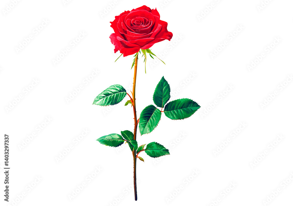 Fototapeta premium Red rose with lush green leaves isolated on transparent background
