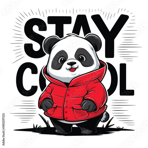 Adorable Panda in Red Jacket Promoting Stay Cool Vibe