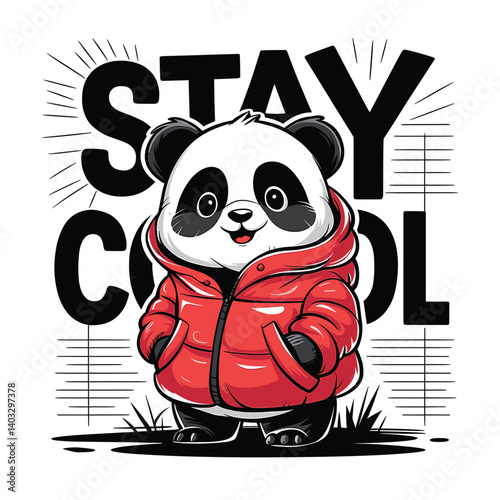 Adorable Panda in Red Jacket Promoting Stay Cool Vibe