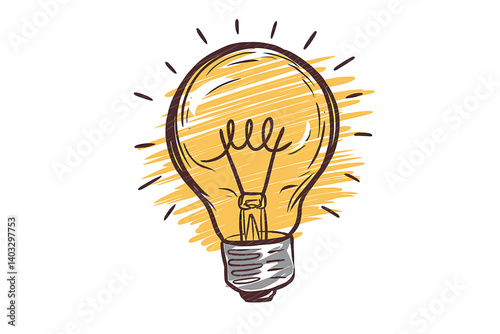 Hand-Drawn Light Bulb Emitting Glowing Yellow Light
