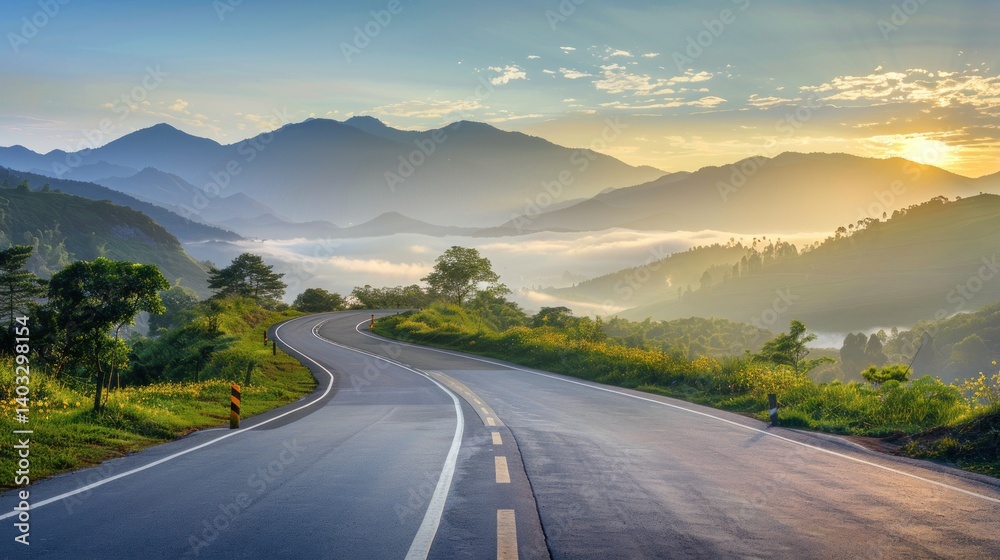 A winding road with a beautiful mountain range in the background. A winding road with a beautiful mountain range in the background.