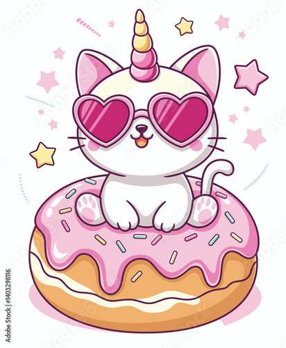 Whimsical Cat on Doughnut with Unicorn Horn and Sunglasses