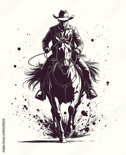 Dynamic Cowboy Galloping on Horse with Ink Splash Background