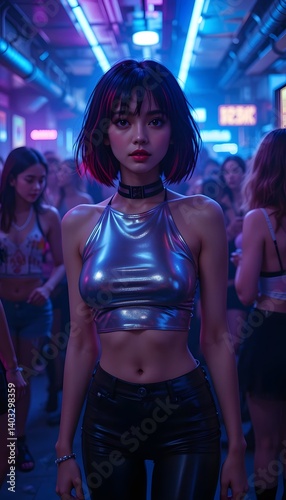 Asian Woman Playing Electric Guitar – AI Generated Illustration