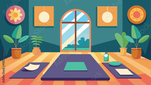 A spacious yoga studio with colorful mats and calming decor.