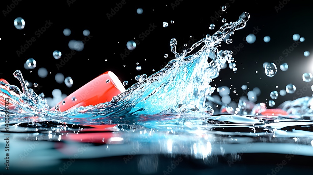 Red objects splashing in water.