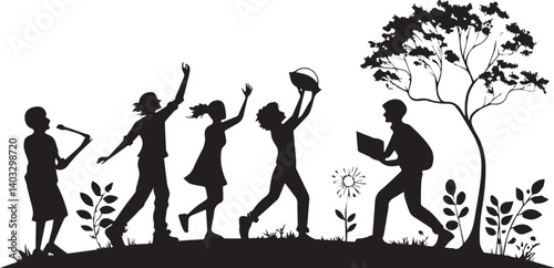 International Youth day clip art, line art, silhouette art, Image, illustration, using solid black color and white background