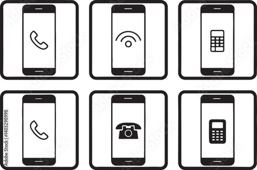 Mobile phone Icons silhouette and line art vector collection. Modern cellphone icon illustration using black color design