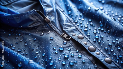 Water drops glistening on a dark blue waterproof jacket in the rain
