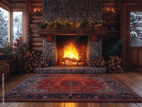 cozy winter cabin interior warm glowing fireplace rustic wooden textures inviting soft ambient lighting comfortable atmosphere 