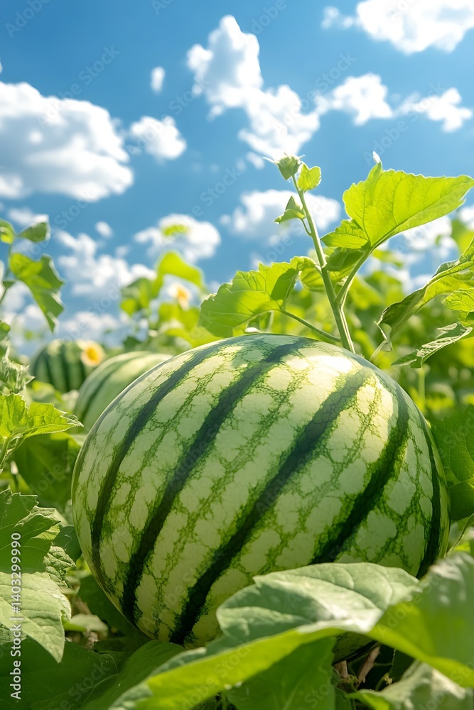 Ripe Watermelon in Sunny Field.