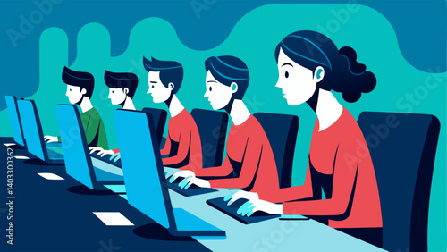 A row of sleek computer stations each occupied by a student typing away on their laptops.