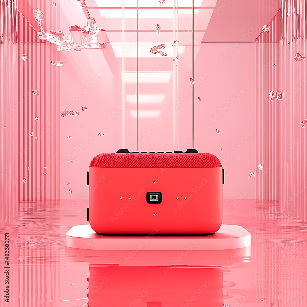Red waterproof speaker with pink room.