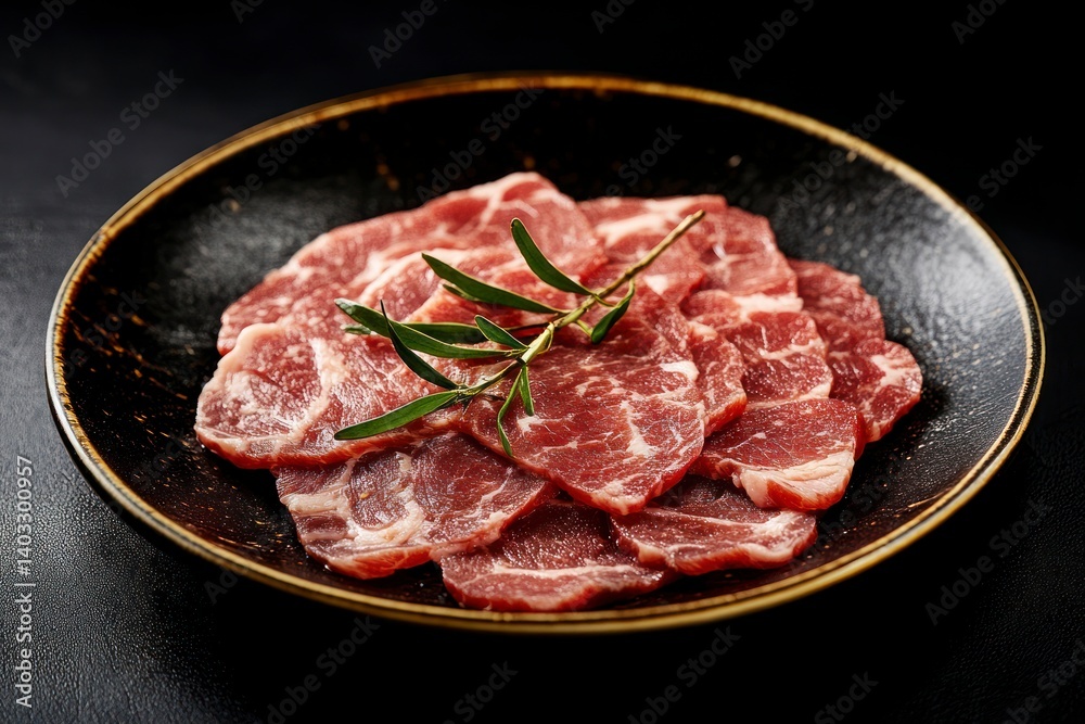 Thinly Sliced Pork on a Plate with Rosemary Ready to Cook Thinly Sliced Pork on a Plate with Rosemary Ready to Cook