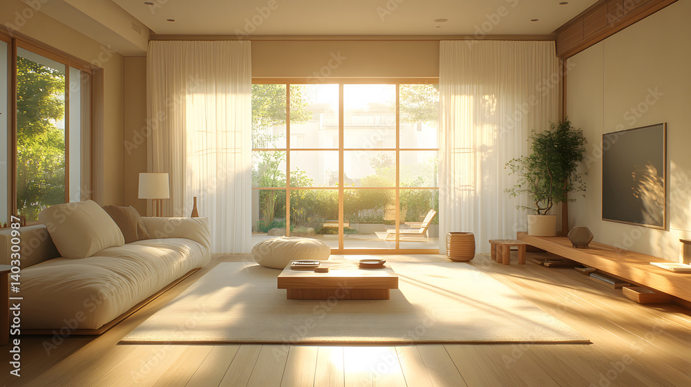 Fototapeta premium minimal living room, soft beige backdrop, white curtains, modern furniture, relaxing tone,