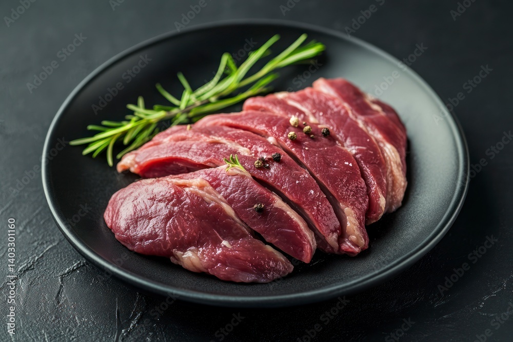Sliced Raw Meat on Black Plate with Rosemary and Pepper Garnish Sliced Raw Meat on Black Plate with Rosemary and Pepper Garnish