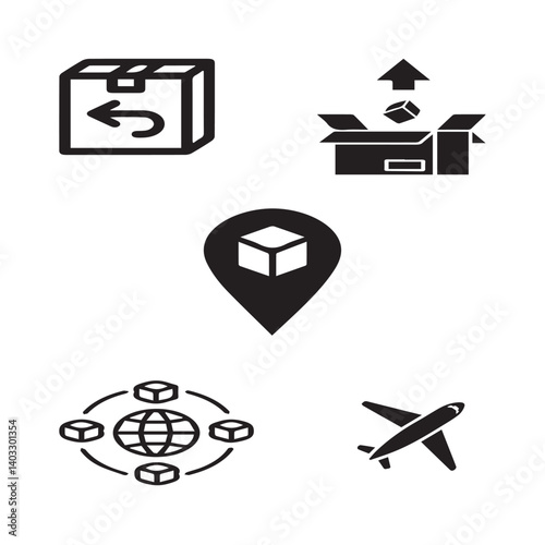 Set of 5 outline logistic and with floral transport, shipment silhouette editable vector isolated 