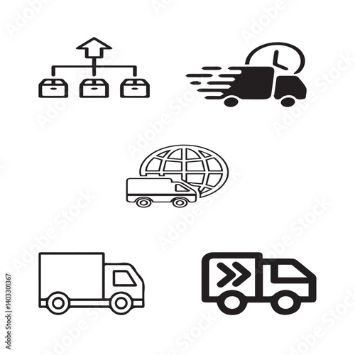 Set of 5 outline logistic and with floral transport, shipment silhouette editable vector isolated 