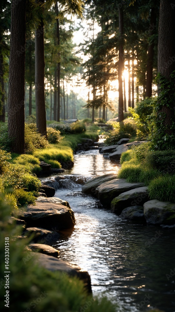 Obraz premium Sunlit stream flows through mossy forest, rocks lining its path