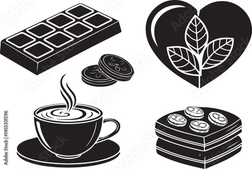 World chocolate day icons, clip art, vector art, silhouette art, illustration using solid black color and white background