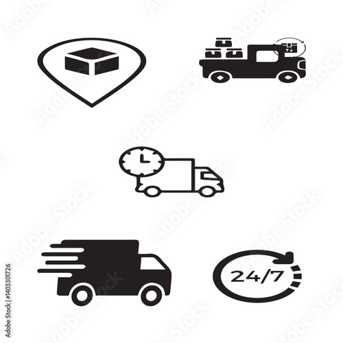 Set of 5 outline logistic and with floral transport, shipment silhouette editable vector isolated 