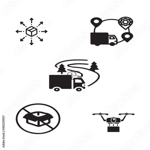 Set of 5 outline logistic and with floral transport, shipment silhouette editable vector isolated 