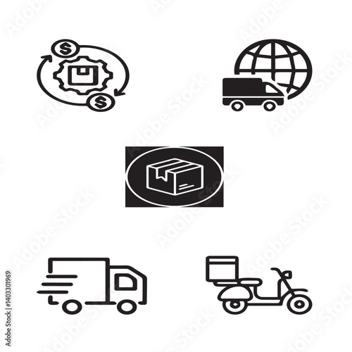 Set of 5 outline logistic and with floral transport, shipment silhouette editable vector isolated 