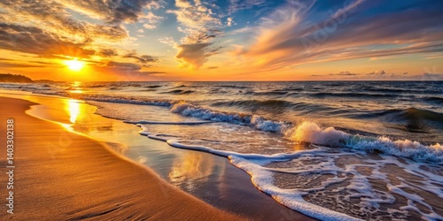 Fototapeta Naklejka Na Ścianę i Meble -  Amber waves gently glowing on a sandy beach at dusk by the Baltic Sea, sunset, baltic sea
