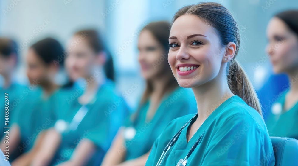 Smiling medical student in lecture, colleagues blurred background, healthcare education Smiling medical student in lecture, colleagues blurred background, healthcare education