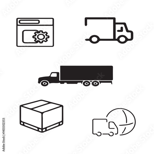 Set of 5 outline logistic and with floral transport, shipment silhouette editable vector isolated 