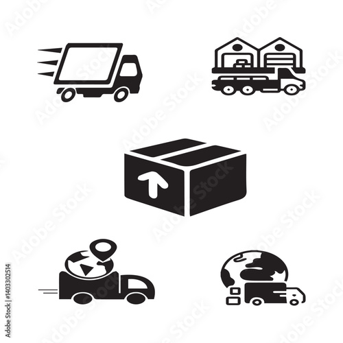 Set of 5 outline logistic and with floral transport, shipment silhouette editable vector isolated 