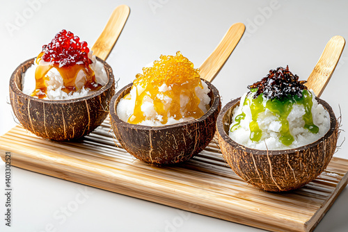 traditional Hawaiian shaved ice with condensed milk drizzle and three syrup flavors in coconut shell bowls on bamboo tray