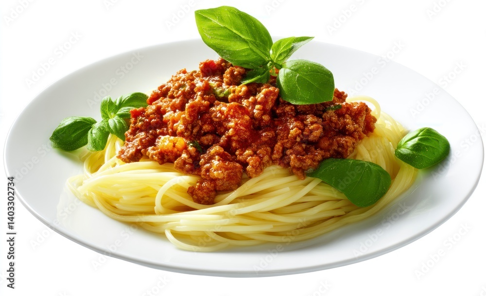 Serving of Delicious Spaghetti Bolognese with Fresh Basil on White Plate Serving of Delicious Spaghetti Bolognese with Fresh Basil on White Plate