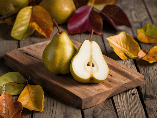 Autumn's Pear Delight: A captivating still-life captures the essence of the season, showcasing a halved pear alongside its whole counterpart on a wooden board, adorned with fallen leaves.