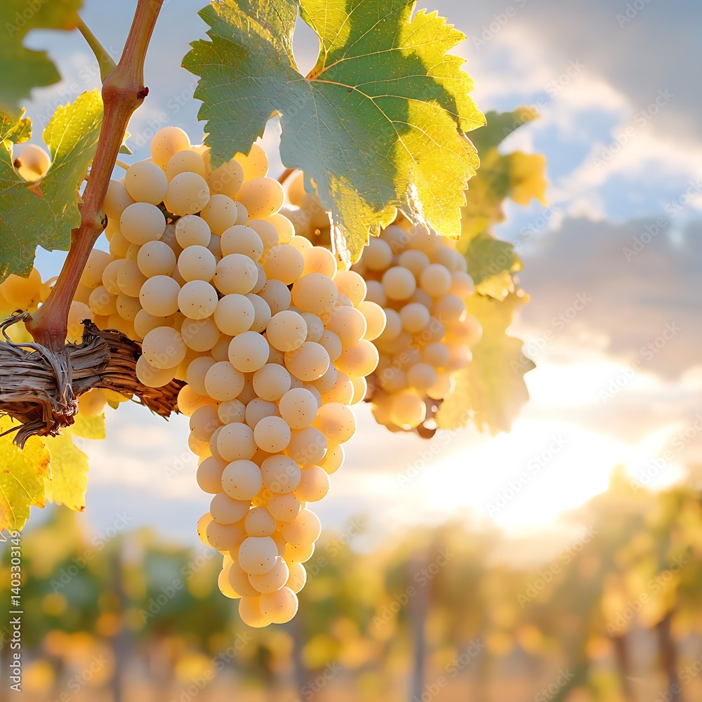 Ripe White Grapes at Sunset Vineyard.