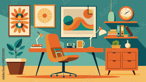 A unique office space with a midcentury modern desk paired with a vintage office chair and eclectic storage solutions. A mix of vibrant abstract art hangs on the walls adding