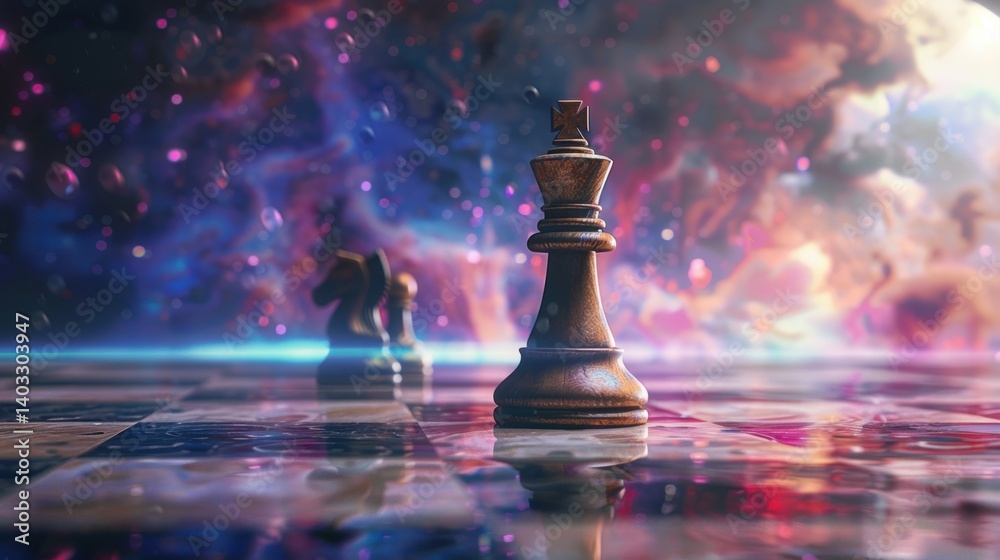 Fototapeta premium 3d illustration a Chess queen figure standing alone on chessboard, dramatic background. Generate AI
