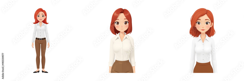 digital character with red hair, wearing white shirt and brown pants, stands in three poses, showcasing friendly expression and modern style digital character with red hair, wearing white shirt and brown pants, stands in three poses, showcasing friendly expression and modern style